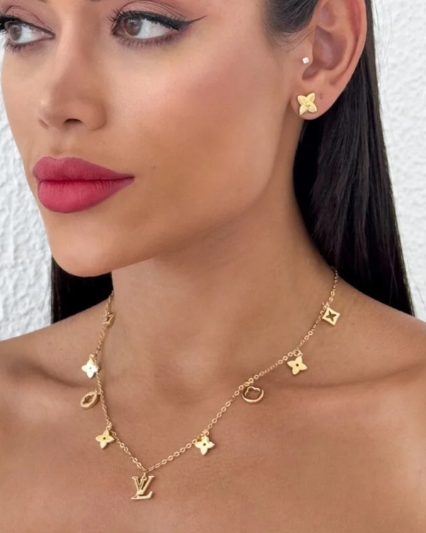 Folheado a Ouro 18k - Conjunto Colar e Brinco Inspiração Alta joalheria